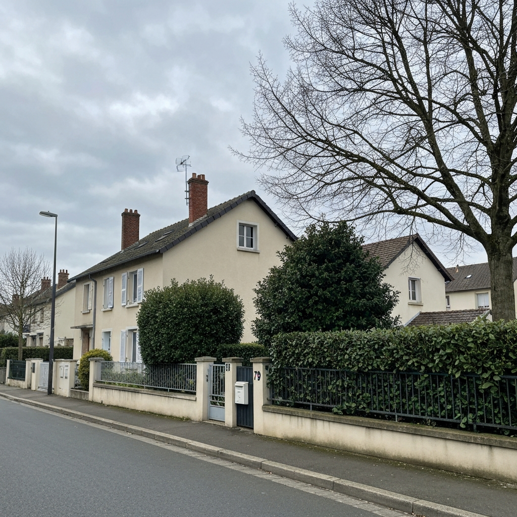 Vue aérienne d'une maison à Livry-sur-Seine avec un panneau d'évaluation immobilière